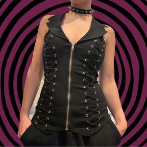 Black Lace Up Collar Corset Vest